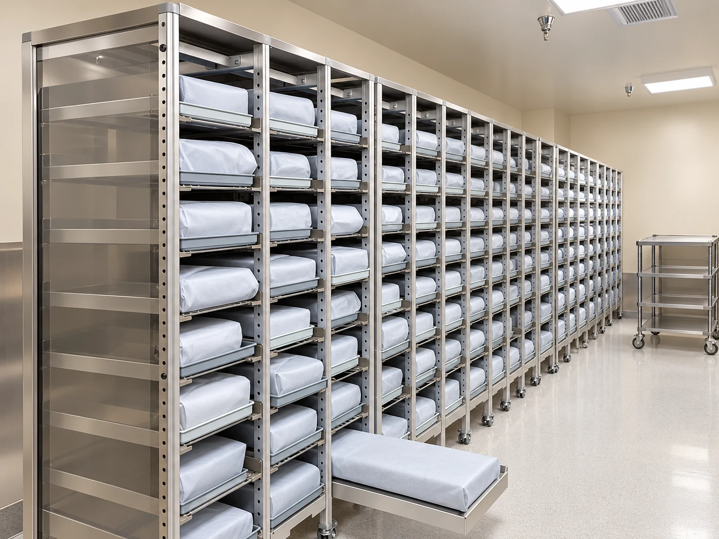 A long bank of stainless steel shelving with organised neutral wrapped instrument trays.