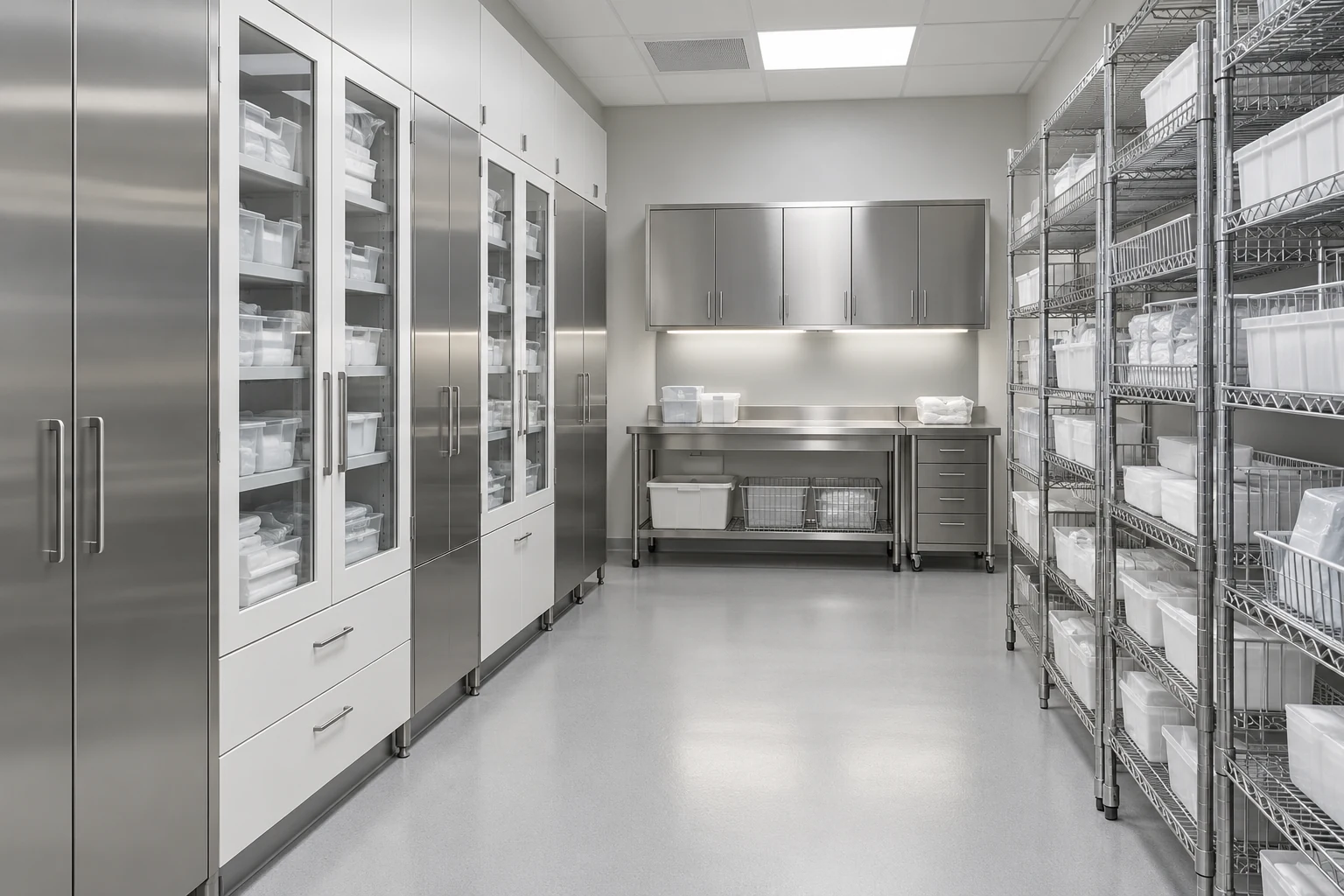 A neutral medical utility room with modular cabinets, open shelving and a stainless workbench.
