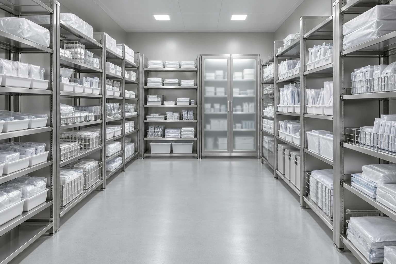 A light medical storeroom with modular shelving, white supplies and a clear central aisle.