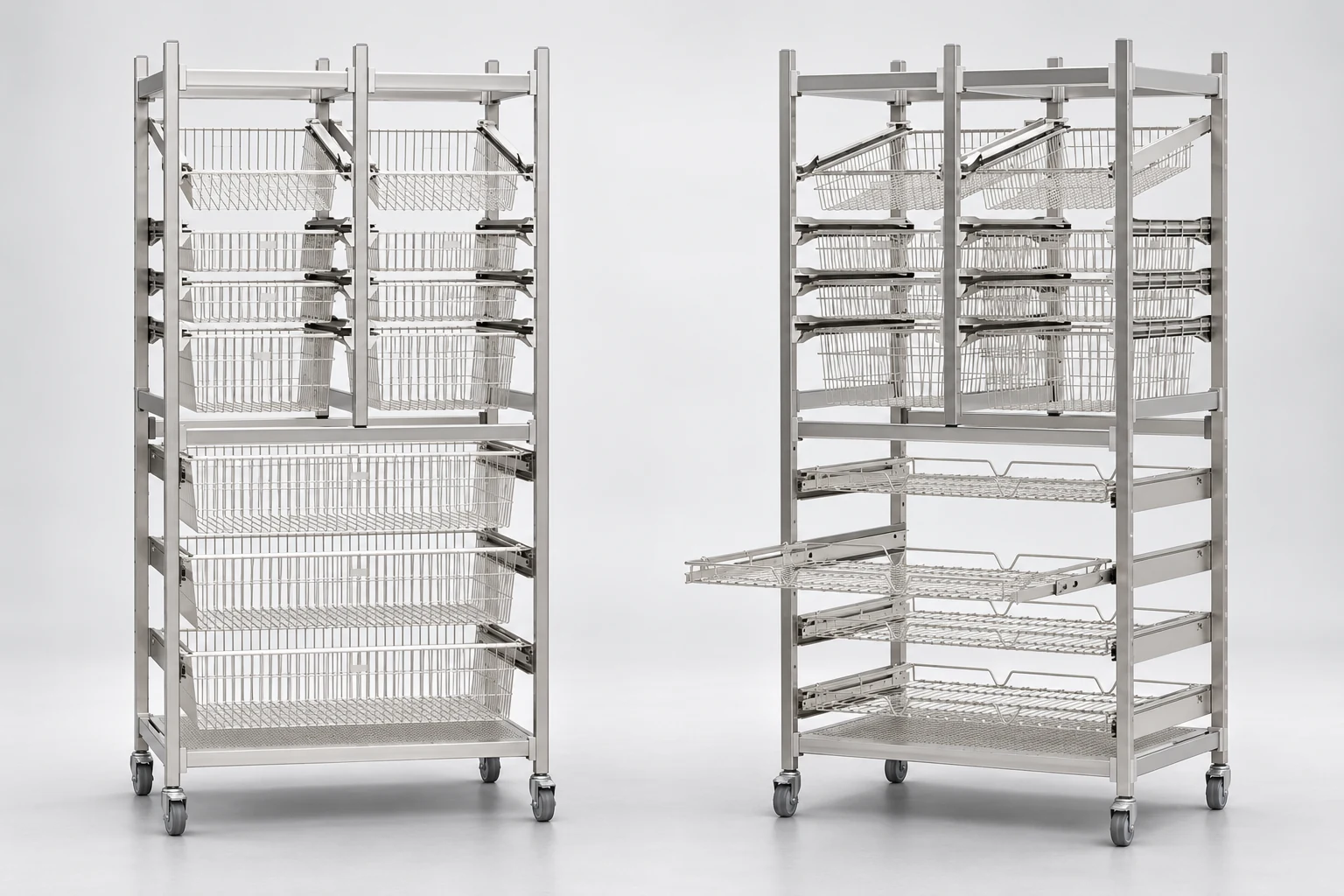 Two stainless steel medical storage trolleys with wire baskets and pull-out runners.