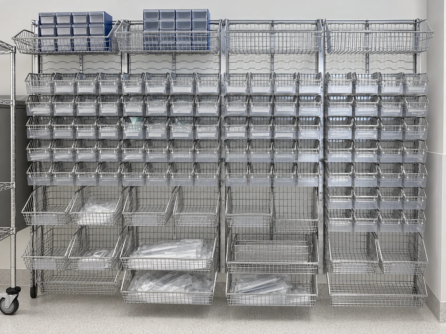 Wall-mounted chrome wire baskets in a range of sizes, with blank label holders.